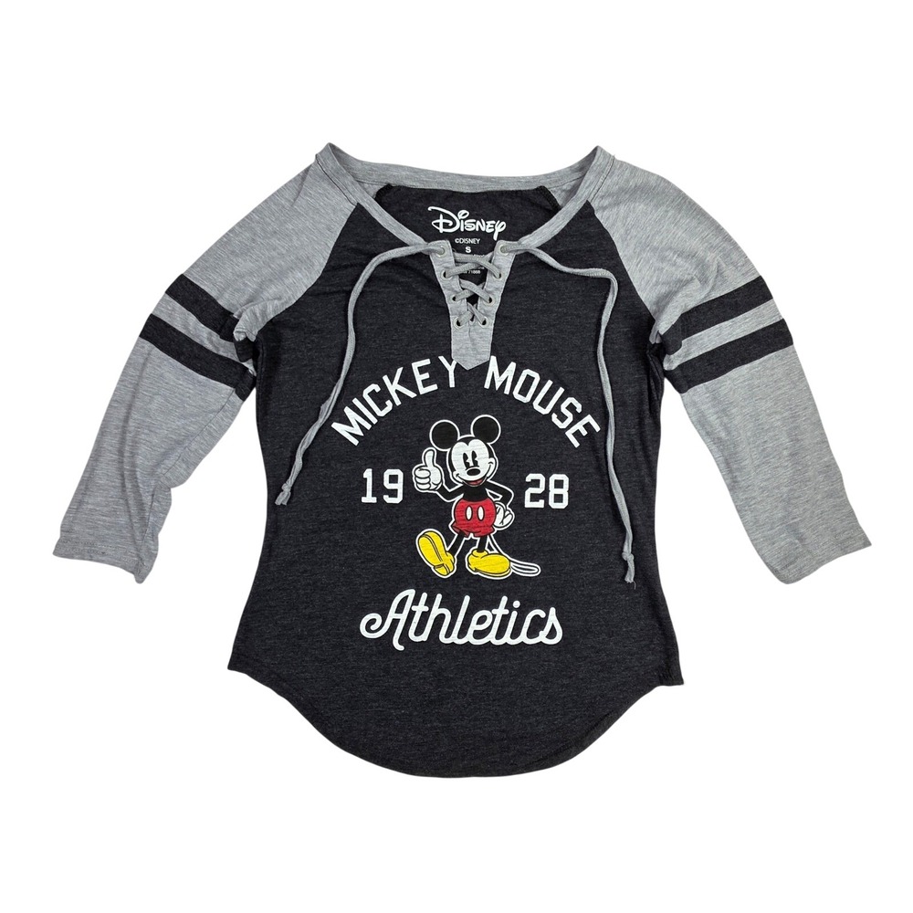 Disney Mickey Mouse Athletics Lace Up Raglan Shirt Grey Charcoal Small